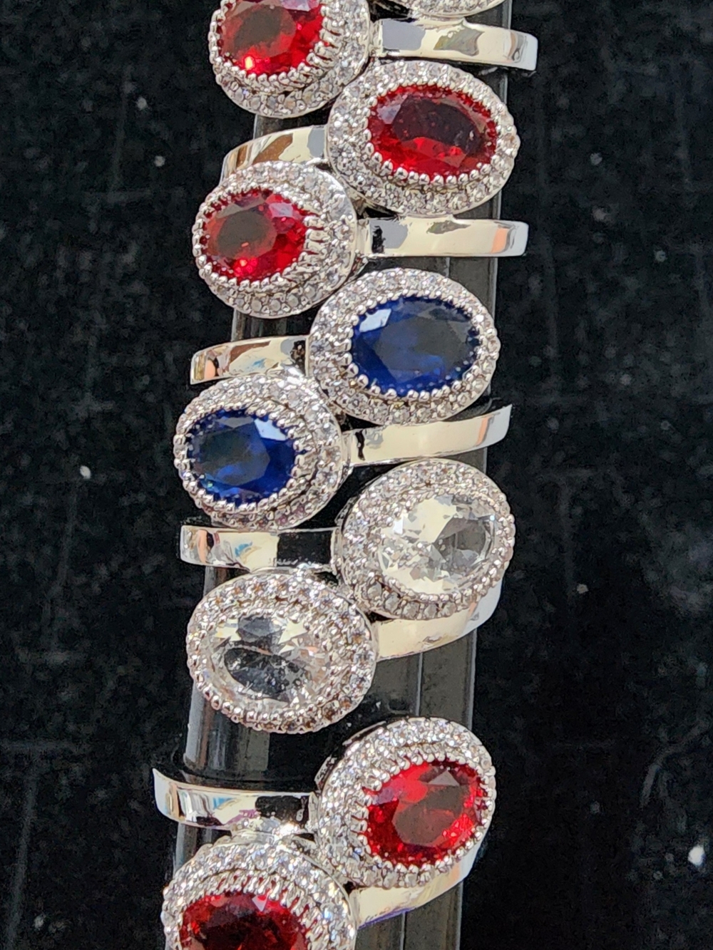 Fashion Jewelry Multi-Gem Halo Rings — Red, Blue & Clear Lot Bundle Silver Tone